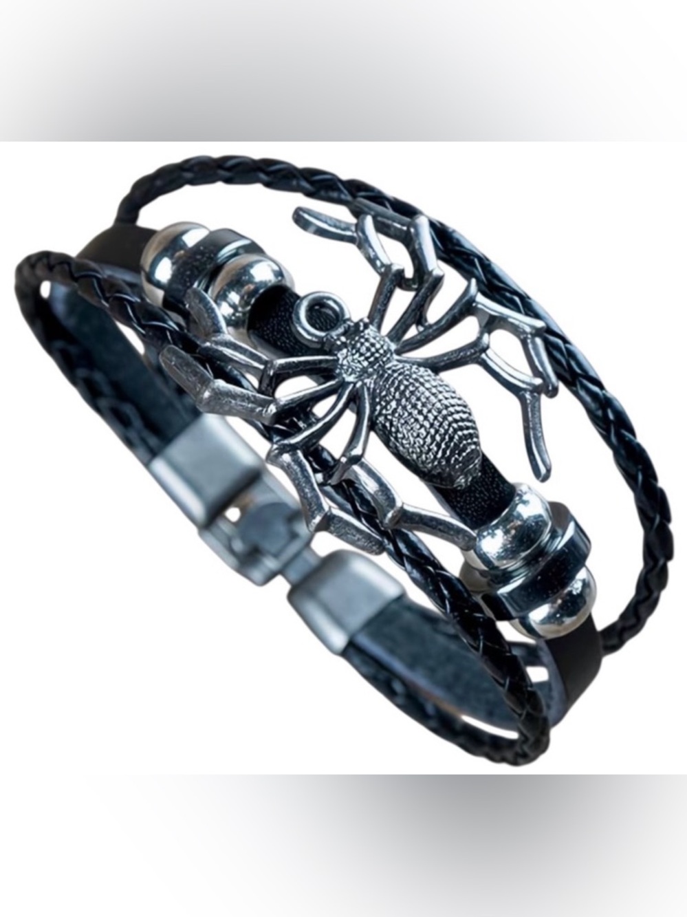 Bracelet 7.5” Spider Woven Cord Black Faux Leather